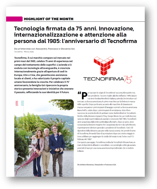 Copertina di Tecnologia firmata da 75 anni. Innovazione, internalizzazione e attenzione alla persona dal 1985: l'anniversario di Tecnofirma