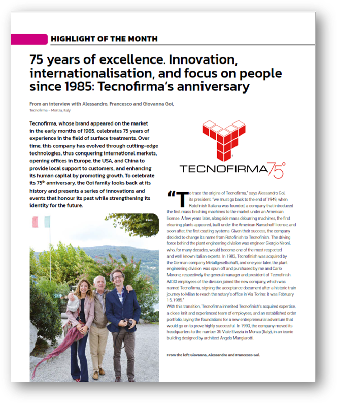 Copertina di 75 years of excellence. Innovation, internationalisation, and focus on people since 1985: Tecnofirma’s anniversary